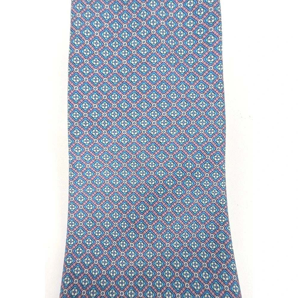 VTG Rooster Pink Blue Geometric Silk Tie USA Italian Fabric‎ Preppy Heritage